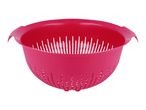 A vibrant pink plastic colander with a white inner strainer.