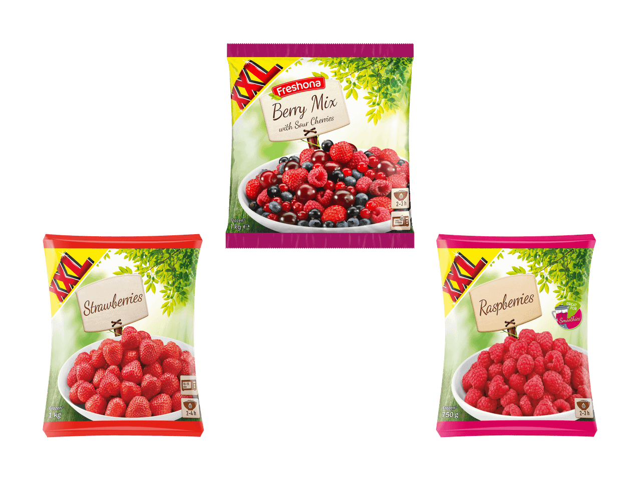 Trois sachets de fruits rouges Freshona : mélange de baies, fraises et framboises.