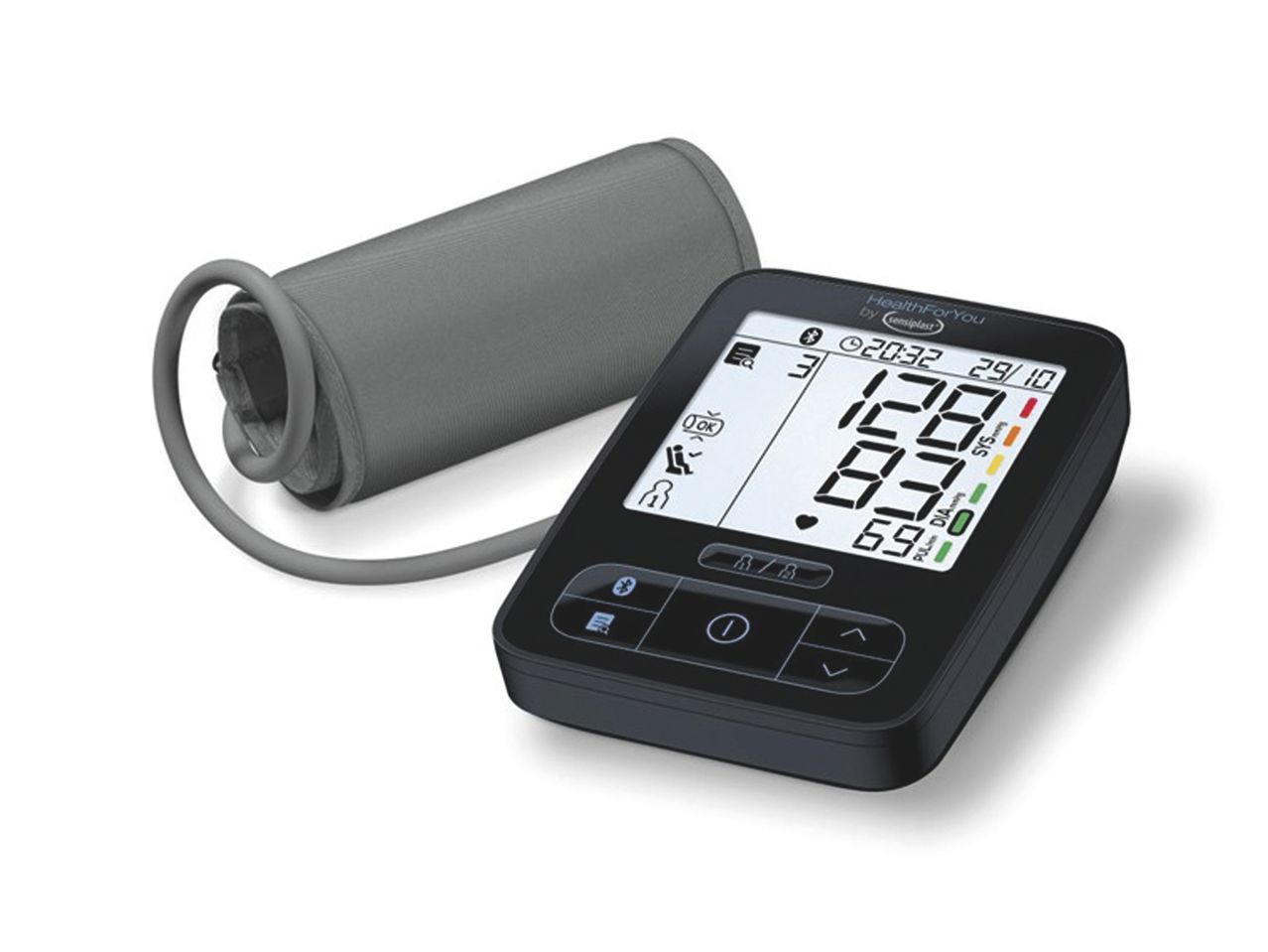 A HealthForYou by Sensiplast blood pressure monitor with a cuff.