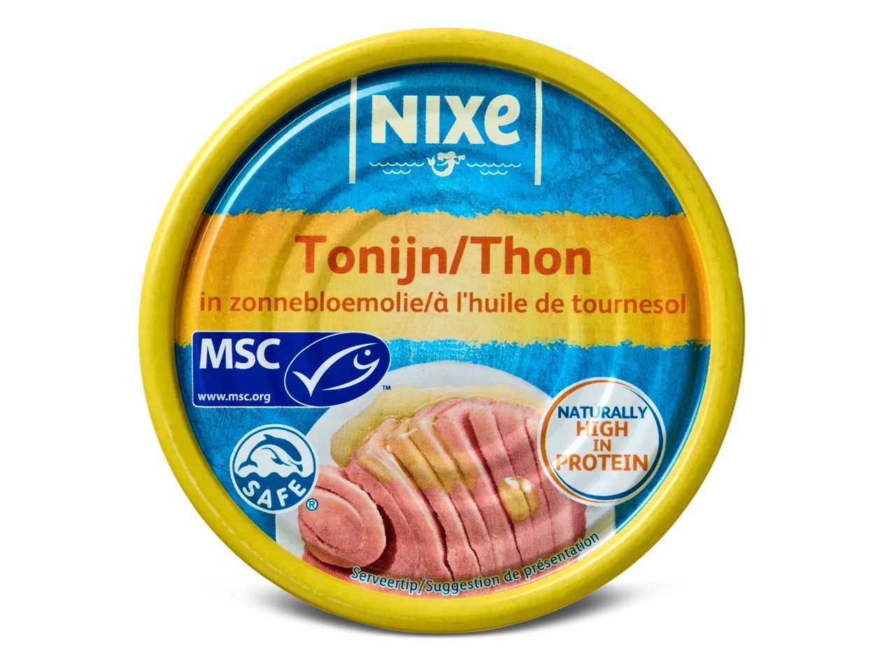 Nixe tonijn in zonnebloemolie blik, MSC gecertificeerd, rijk aan eiwitten.