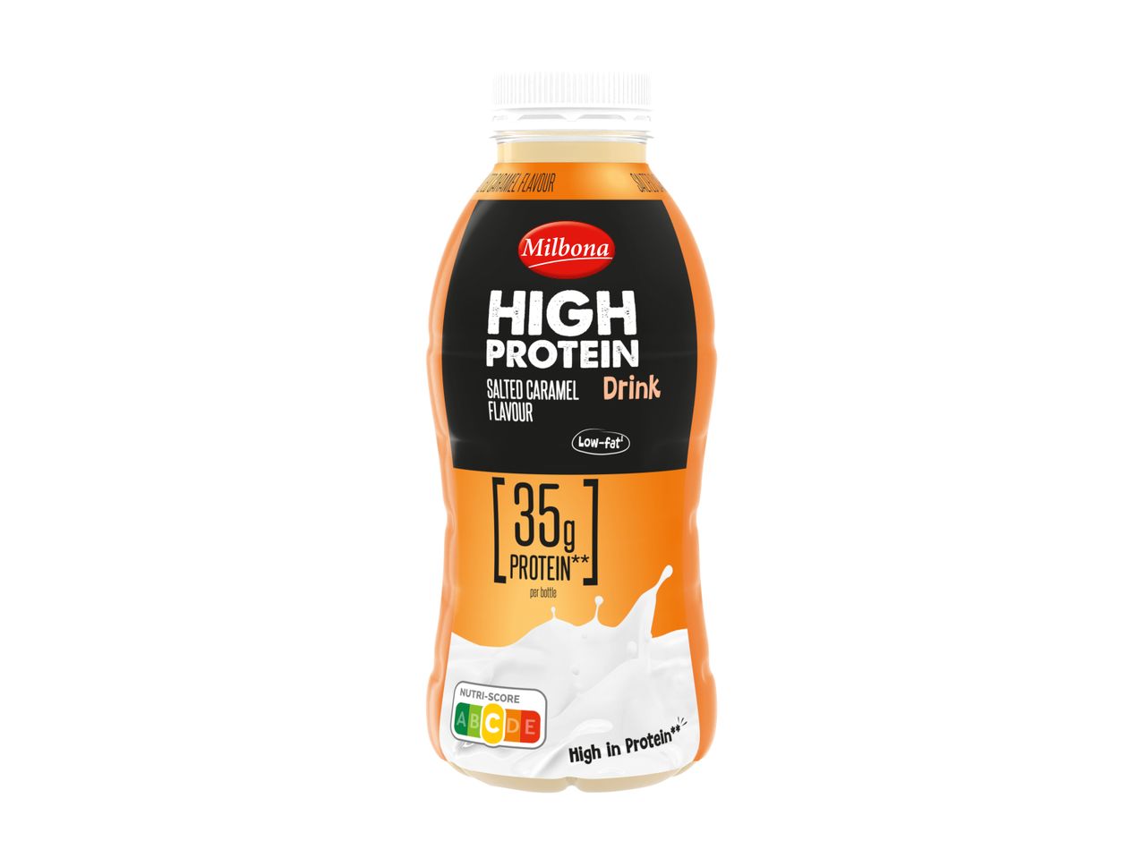 Milbona High Protein slani karamelni napitek z 35g beljakovin in oznako Nutri-Score C.