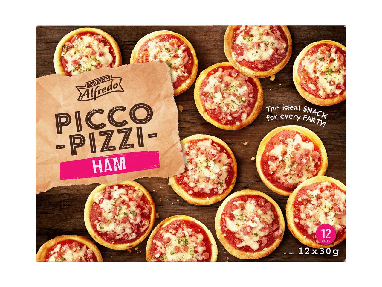 Alfredo Picco-Pizzi sonkás mini pizzák egy fa asztalon, buli snackként hirdetve.