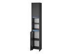 A tall, dark gray bathroom cabinet with open shelves and a door, featuring light blue accents.