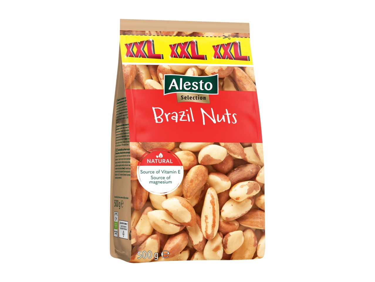 A bag of Brazil nuts, labeled as XXL, natural, and a source of Vitamin E and magnesium.
