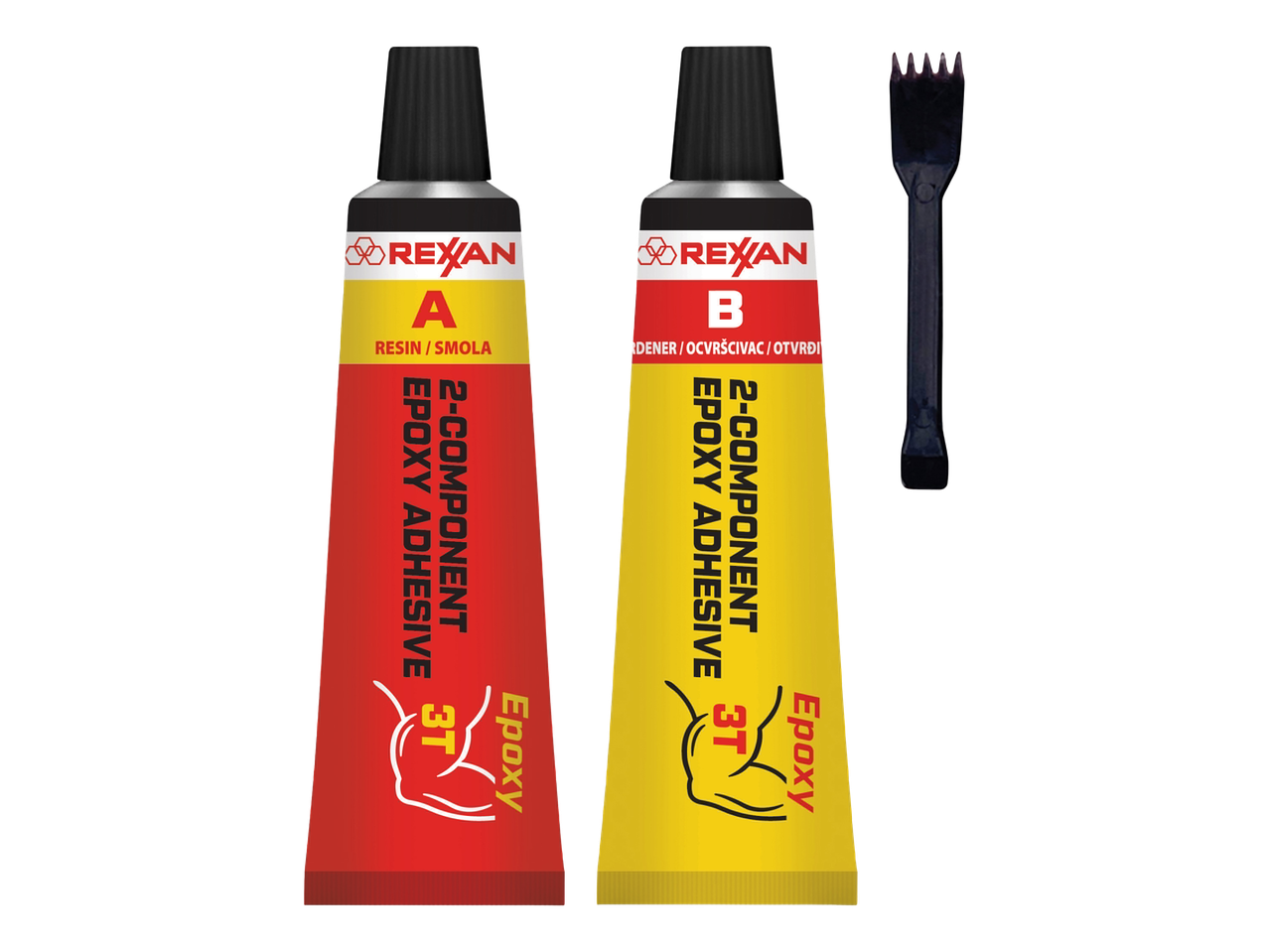 Dvokomponentno epoksidno ljepilo u crvenoj i žutoj tubi s aplikatorom.