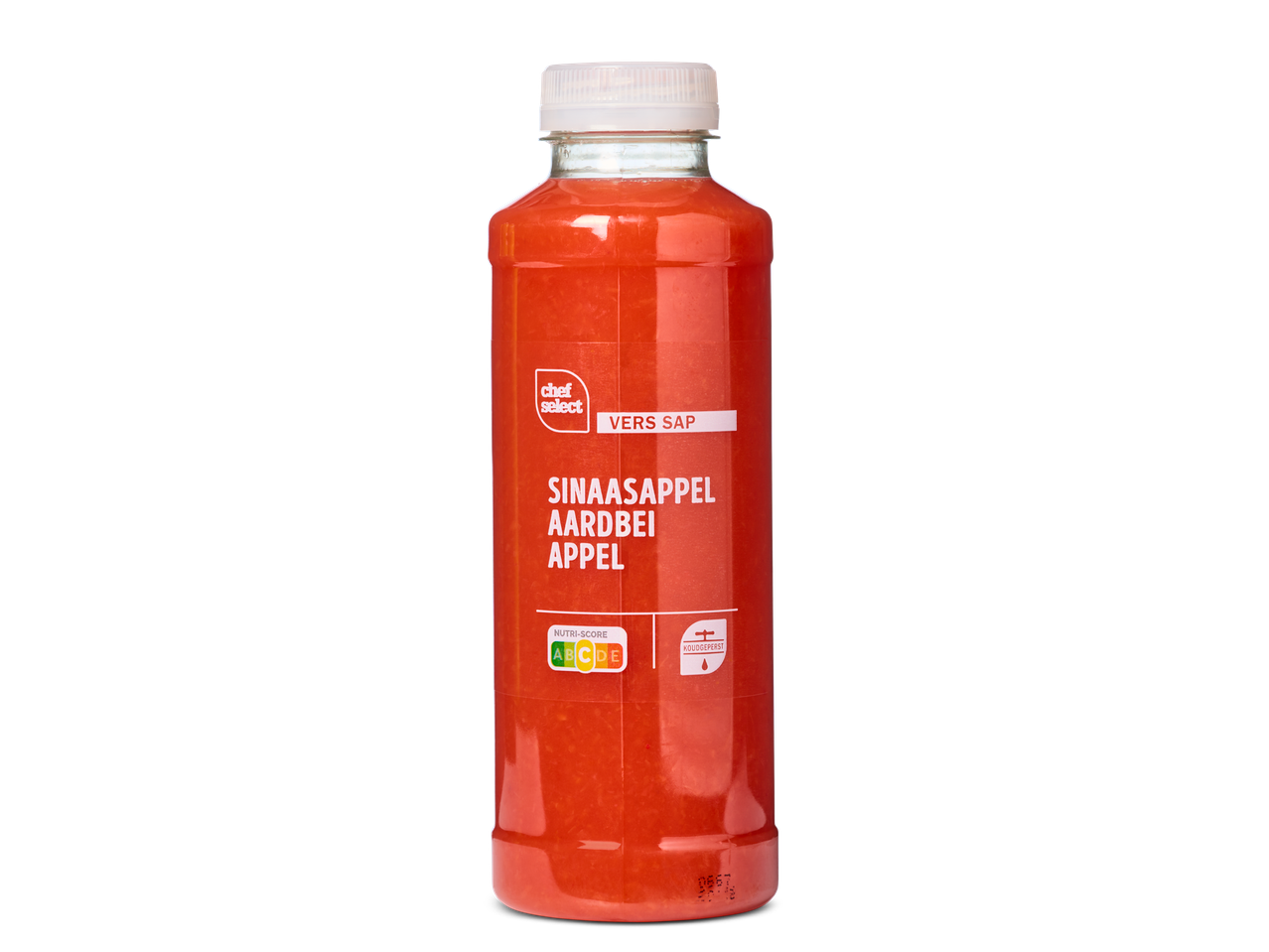 Chef Select fles koudgeperst sinaasappel, aardbei en appelsap.