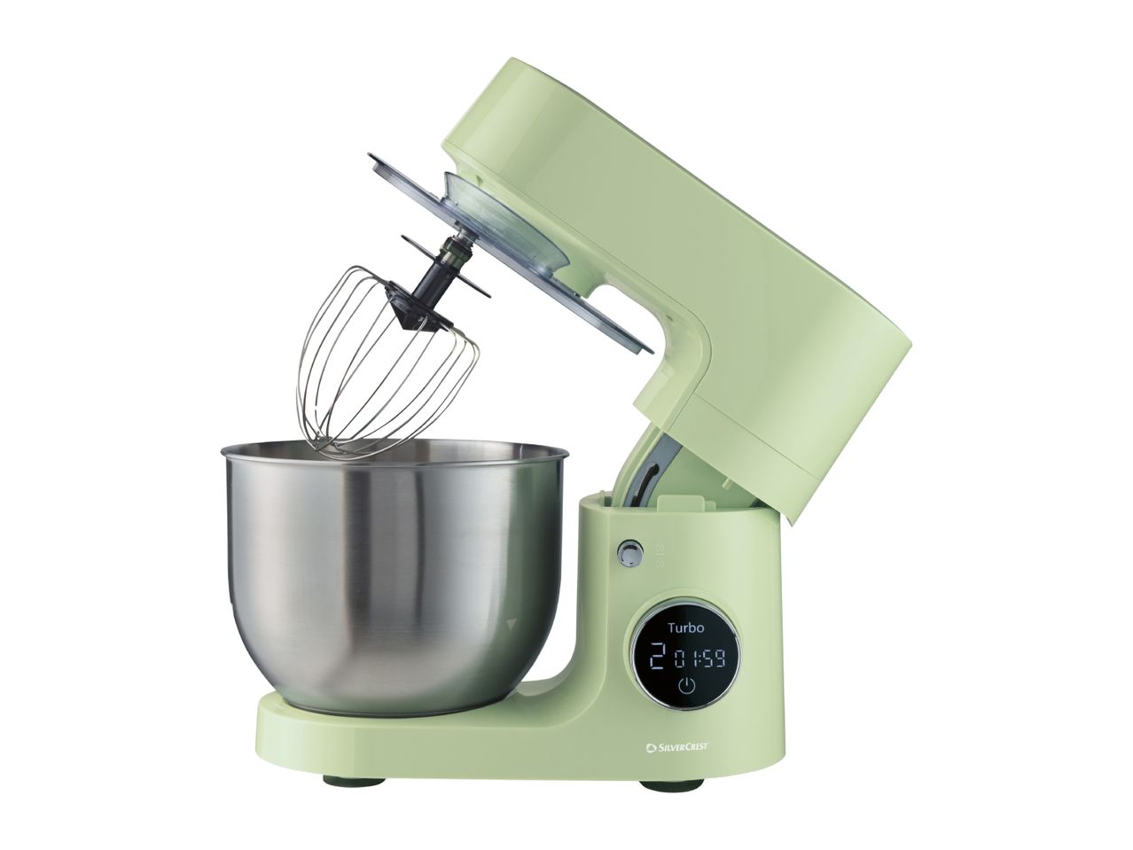 Light green stand mixer with a stainless steel bowl and whisk attachment, displaying 'Turbo' and a timer on its screen.