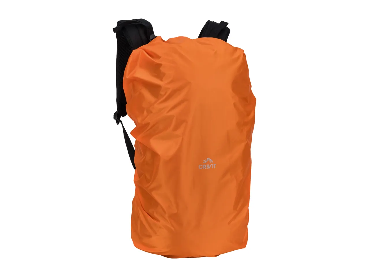 Orange backpack rain cover with a reflective logo