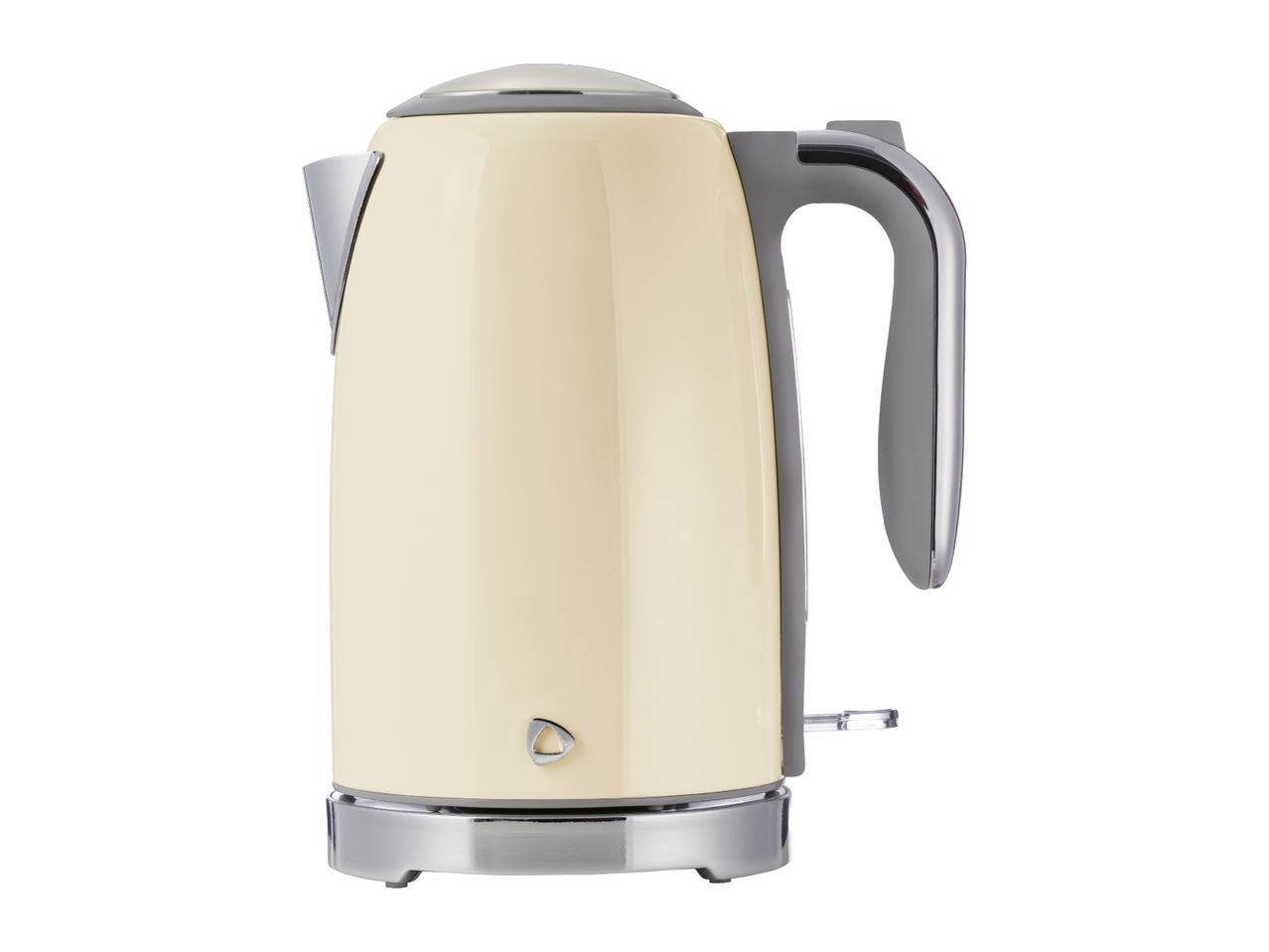 Cream-colored electric kettle with chrome accents and a grey handle