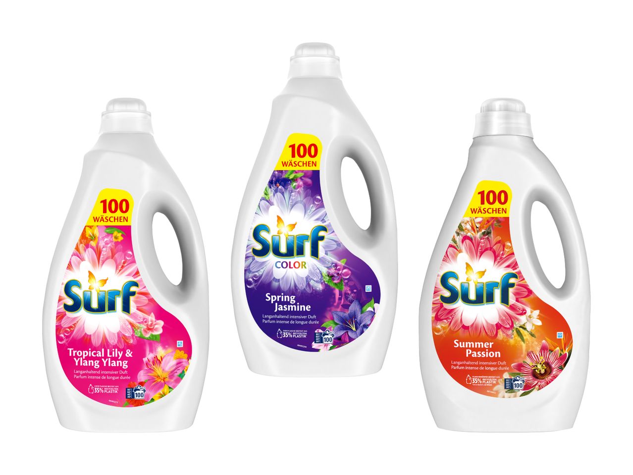 Drei Flaschen Surf Color Waschmittel mit Frühlingsdüften.