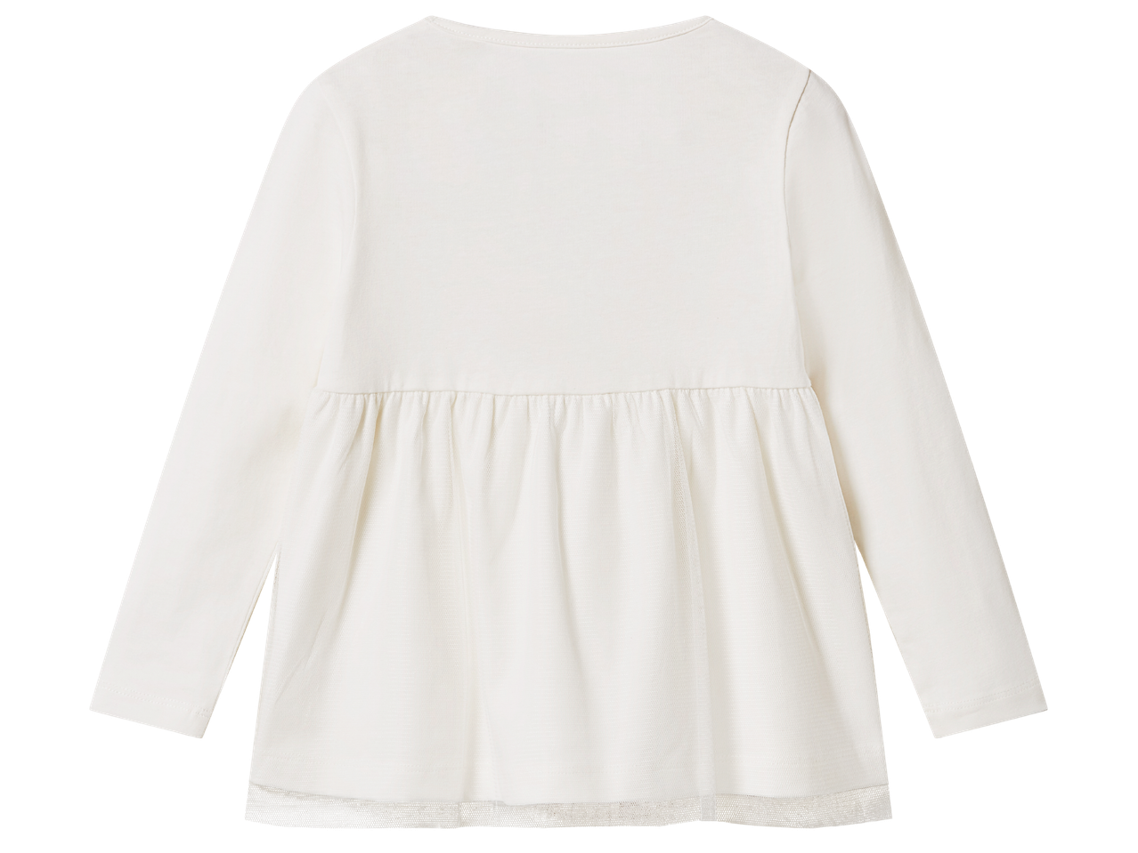 Бяла детска блуза с дълъг ръкав и тюлена пола, гръб.