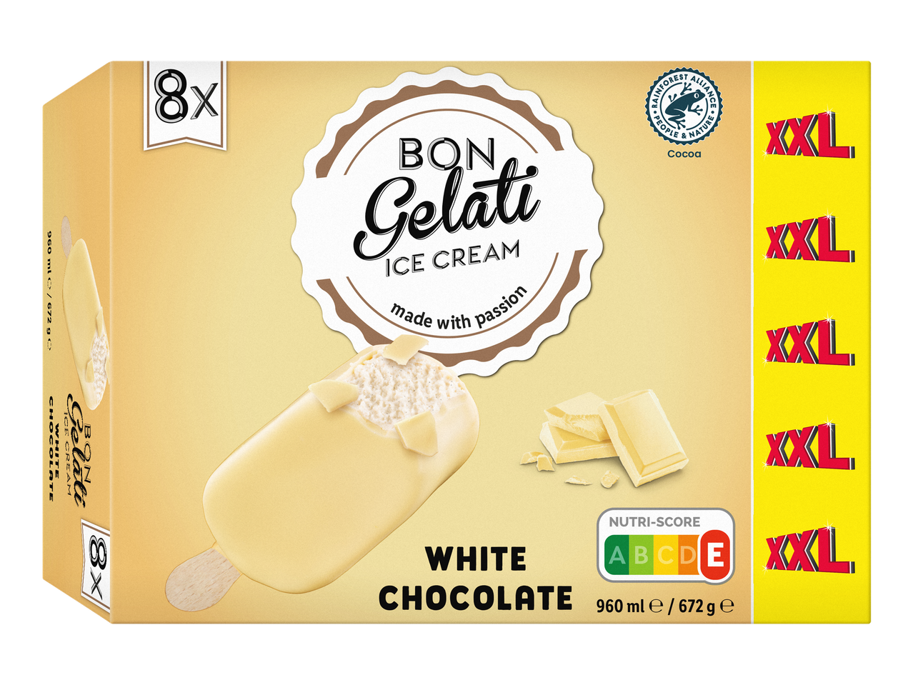 Boîte de 8 glaces à la crème glacée au chocolat blanc, avec Nutri-Score D.