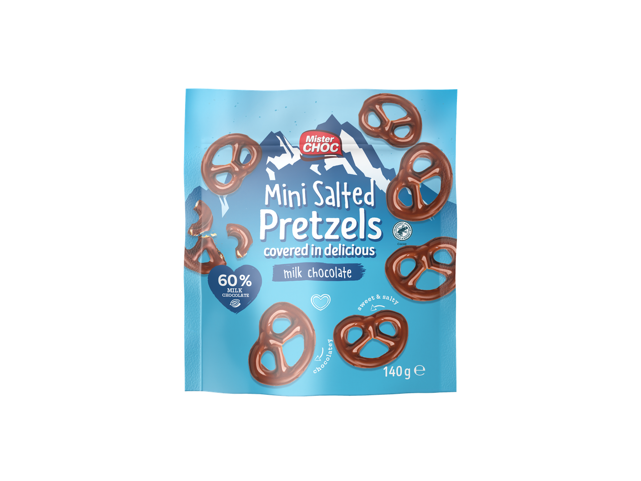 Mister Choc Mini Zoute Pretzels bedekt met melkchocolade, 140g.
