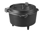 Black cast iron Dutch oven with a lid, wire bail handle, and three legs.
