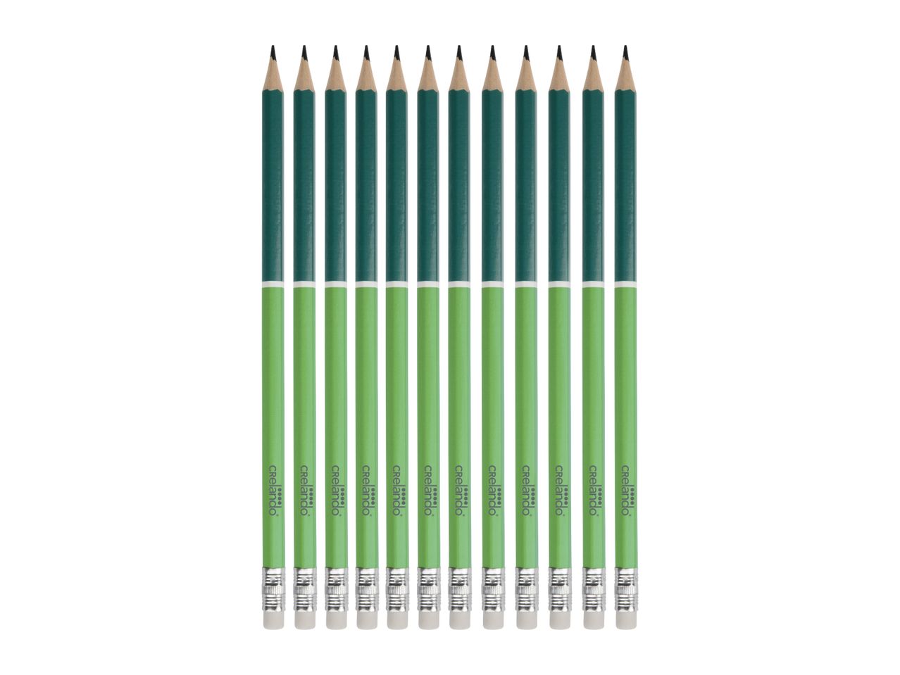 A row of green pencils with erasers, featuring a two-tone design and text.