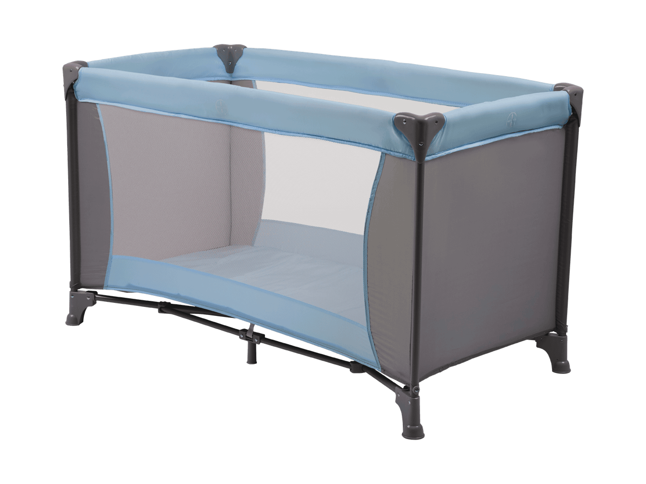 Lit de voyage pliable pour bébé, gris et bleu clair, avec des côtés en maille.