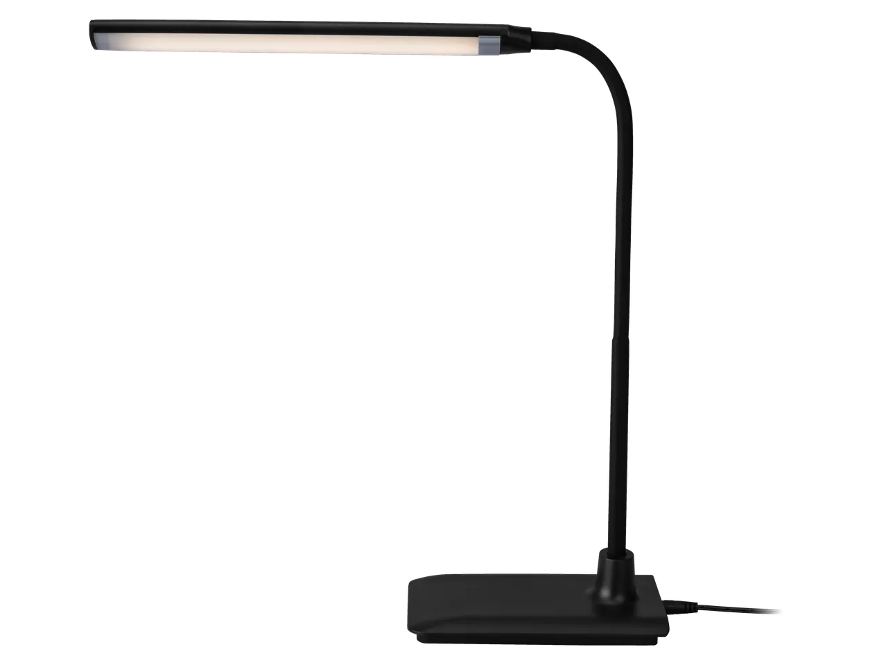 Candeeiro de mesa LED LIVARNO com pescoço flexível preto e base retangular.