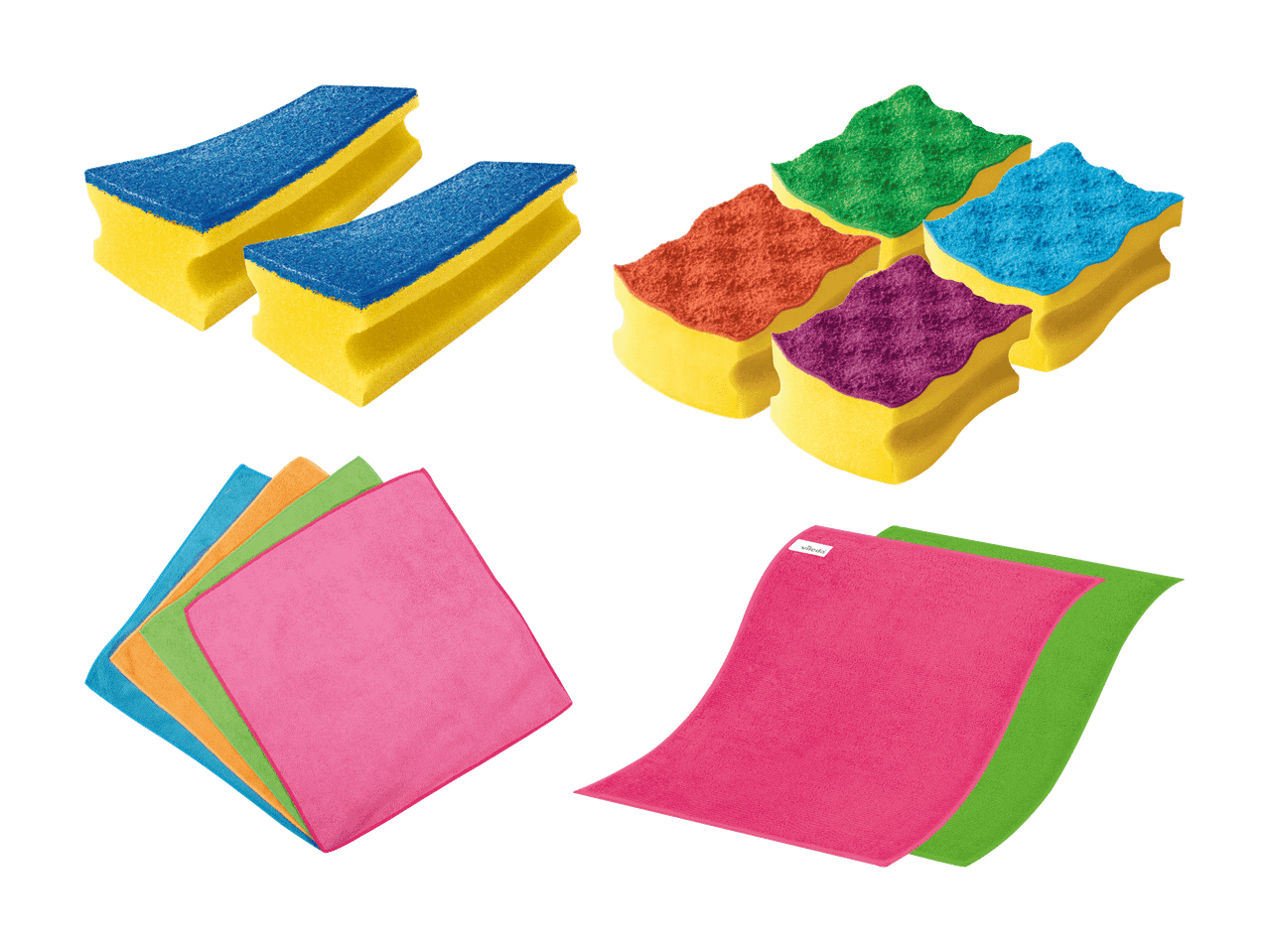 Bunte Spülschwämme und Mikrofasertücher für die Reinigung.
