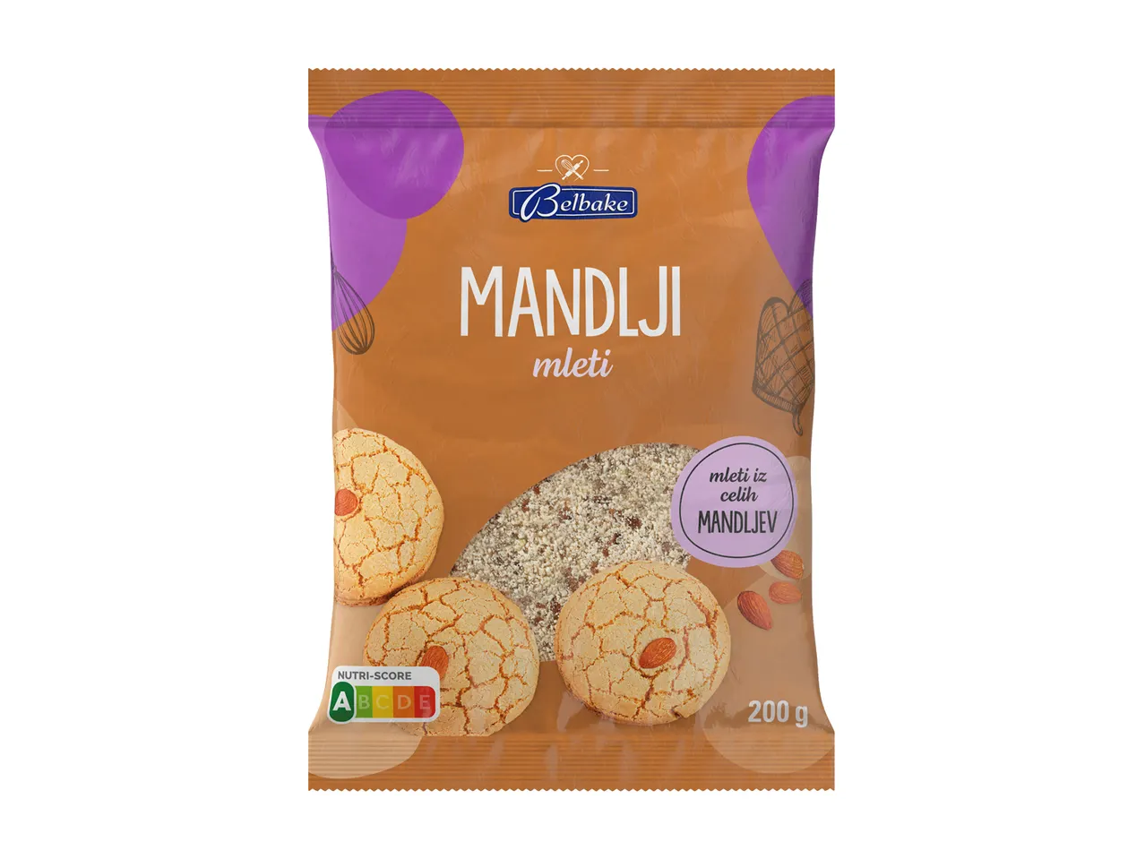 Paket mletih mandljev Belbake z Nutri-Score oznako in piškoti.