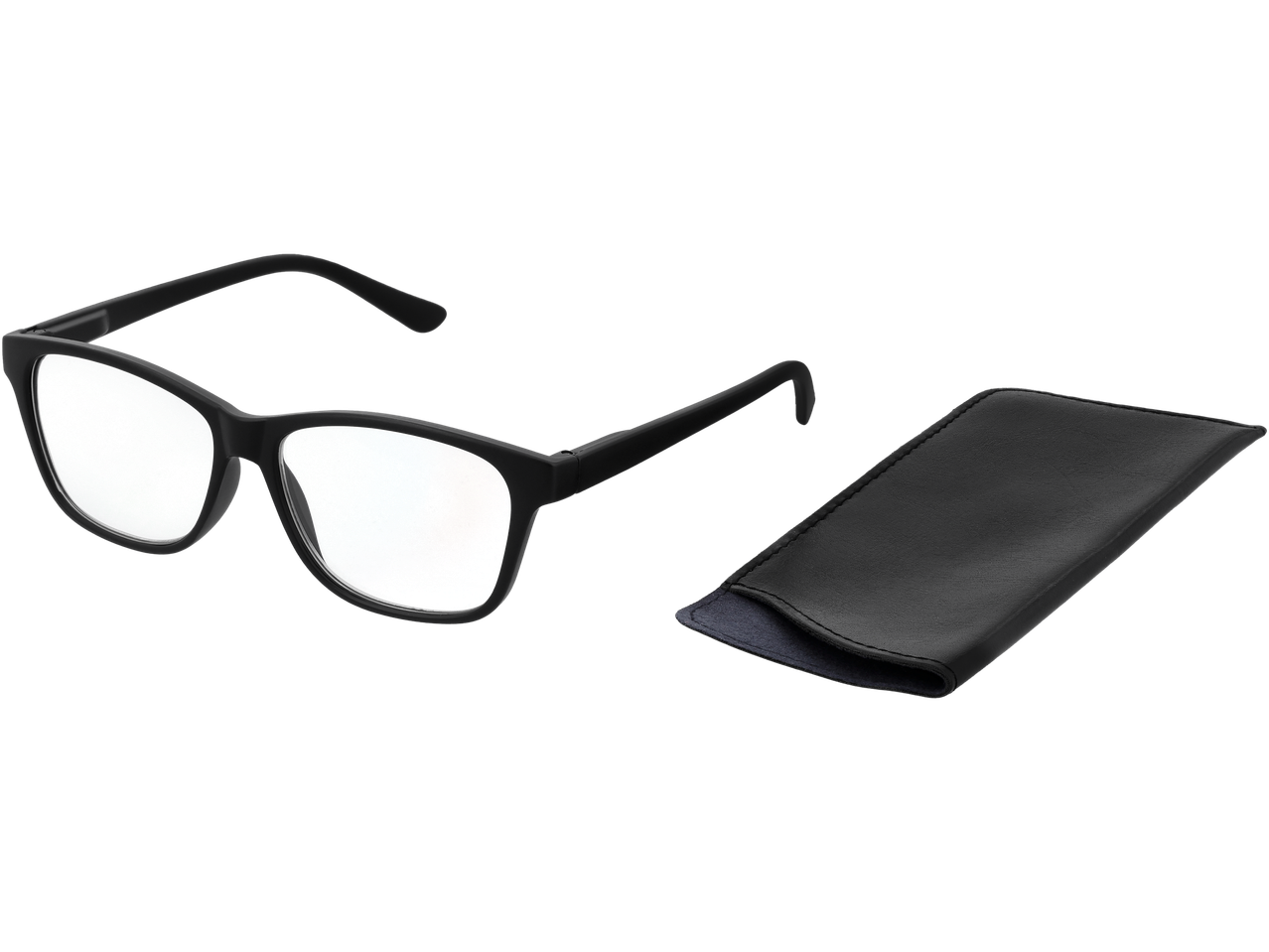 Black eyeglasses with colorful lenses and a black glasses case.