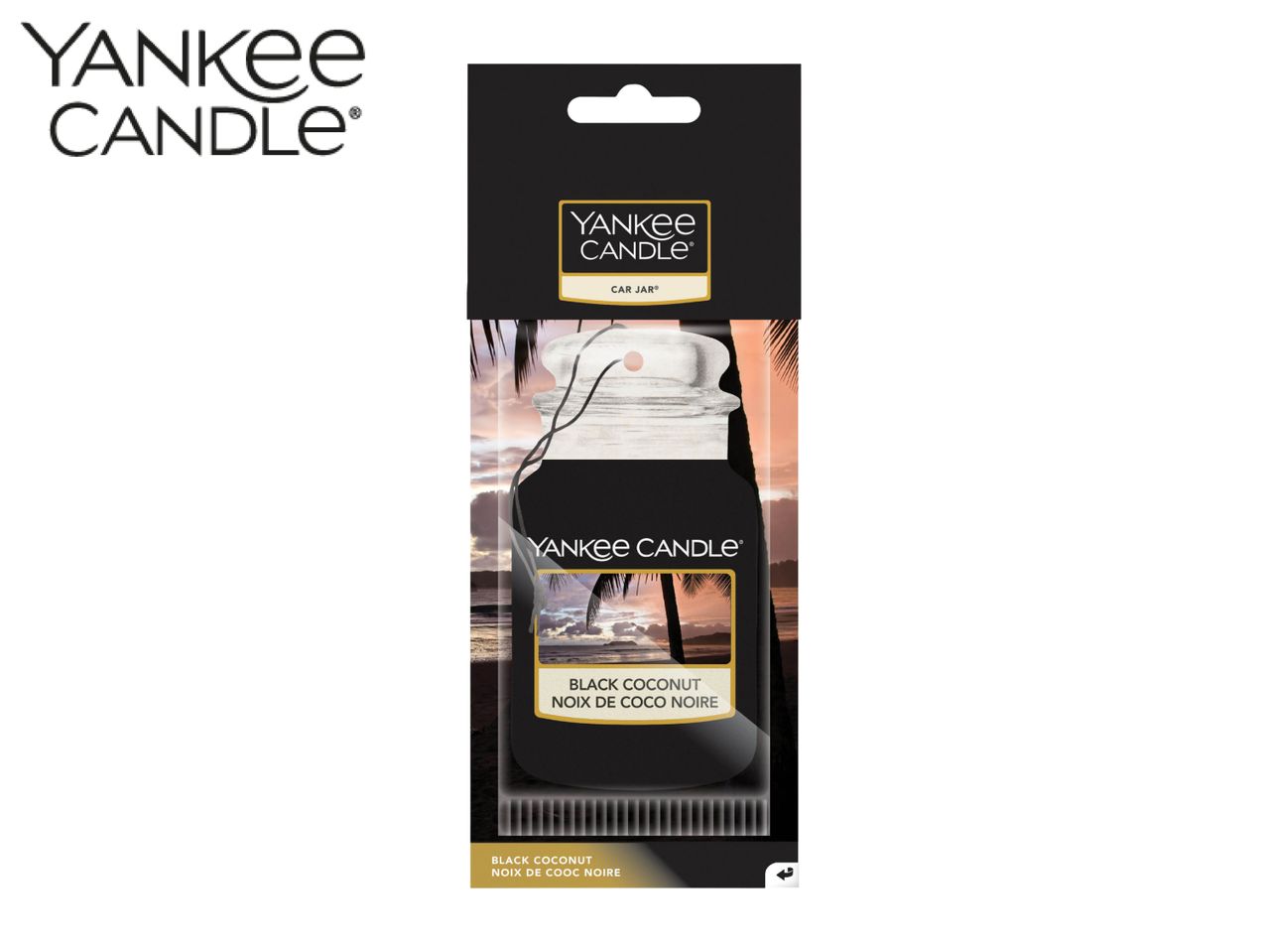 Car air freshener with a tropical sunset and palm trees, black coconut scent.