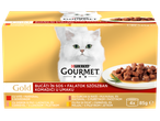 Кутия с котешка храна с бяла котка и чиния с месни късчета в сос, 4x85g.