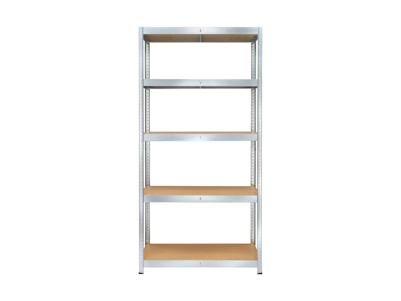 A five-shelf metal storage rack with a wooden bottom shelf.