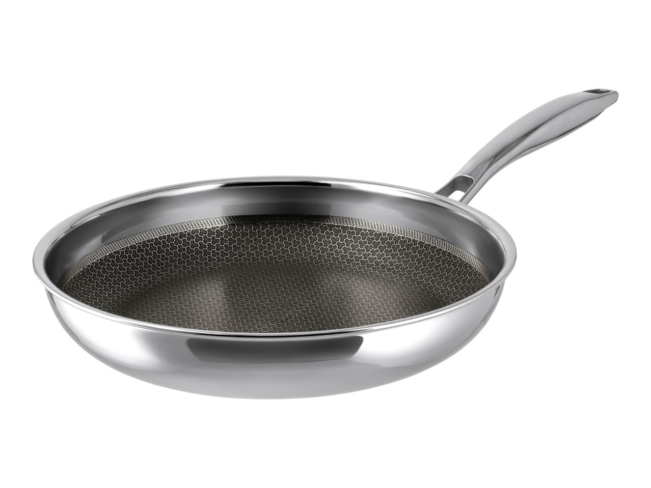 Stainless steel frying pan with a honeycomb non-stick surface and a long handle.