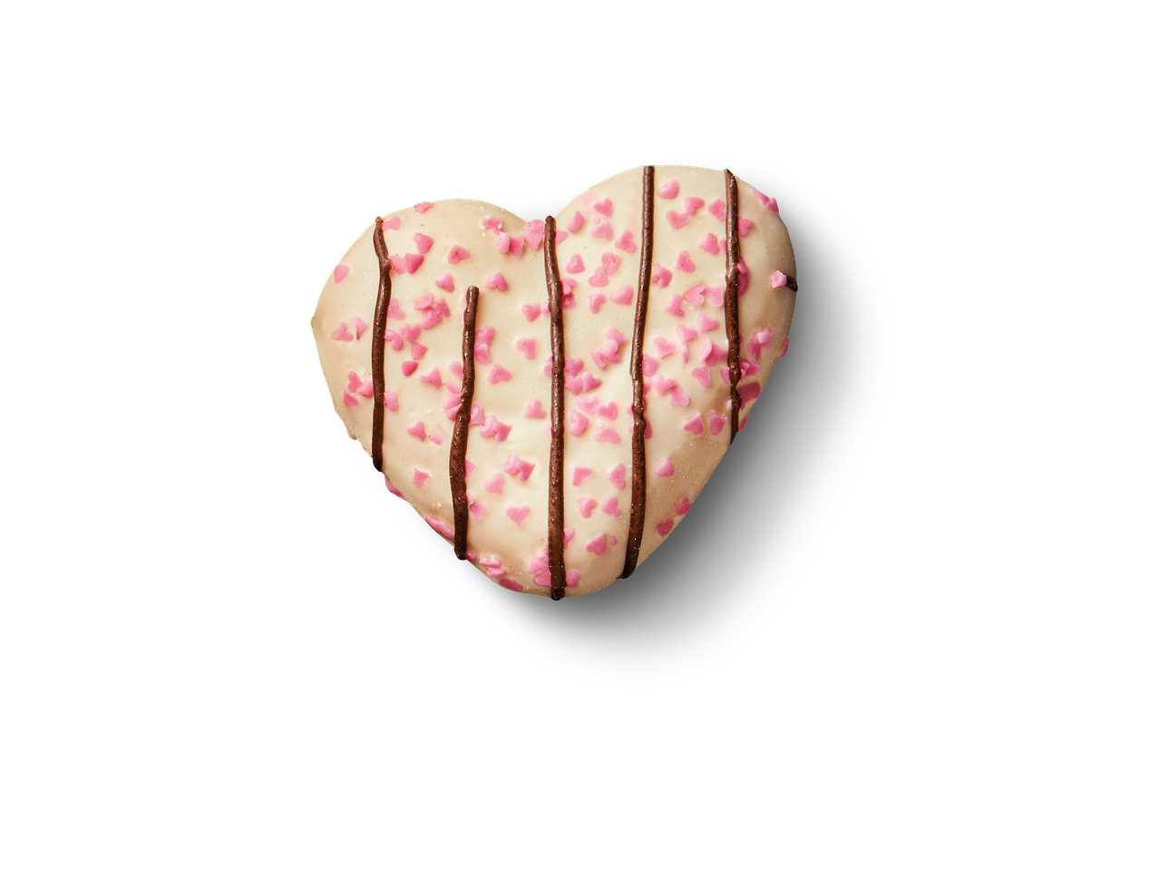 Herzförmiger Keks mit weißer Schokolade, rosa Streuseln und Schokoladenguss.