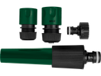 Watering accessories: connectors, hose, and stopcock.