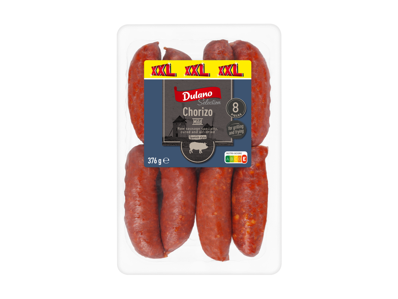 Dulano Selection Chorizo Doux, 8 pièces, 376g, à griller et frire, style espagnol.
