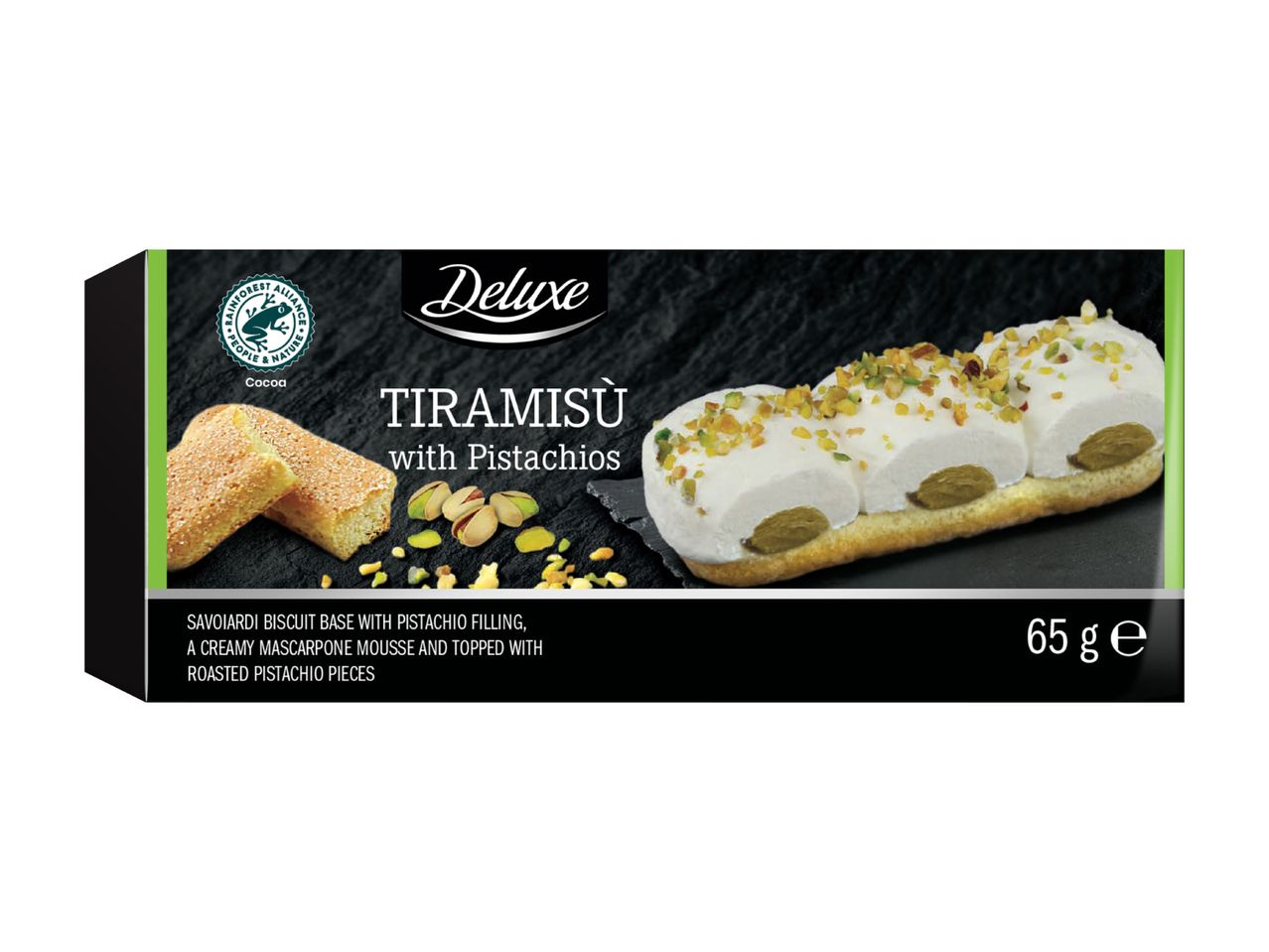 Tiramisu with pistachios, featuring a savoiardi biscuit base, mascarpone mousse, and roasted pistachio pieces.