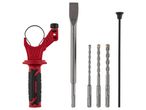 A set of power tool accessories including a handle, chisel, drill bits, and depth rod.