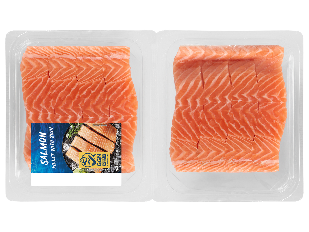 Kaks pakendatud lõhefileed nahaga, igaüks kaaluga 1000 g (8x125 g).