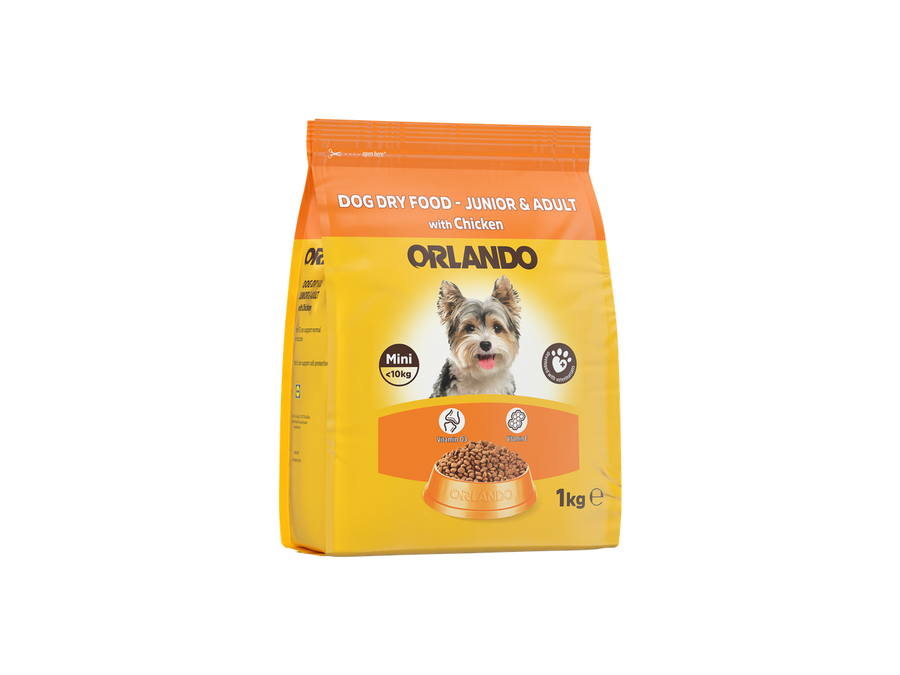 Ambalaj hrană uscată pentru câini Orlando Junior & Adult cu pui, 1 kg