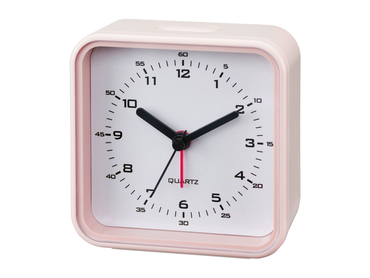 A pink square alarm clock with a simple white face.