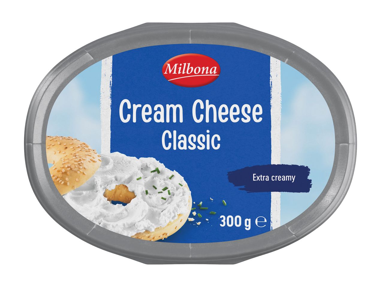 Milbona Cream Cheese Classic v sivi posodi z bagelom in smetanovim sirom.