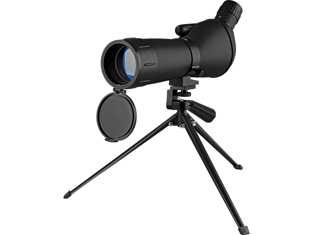 CRIVIT® Spektiv preto com tripé, lente frontal azul e tampa aberta