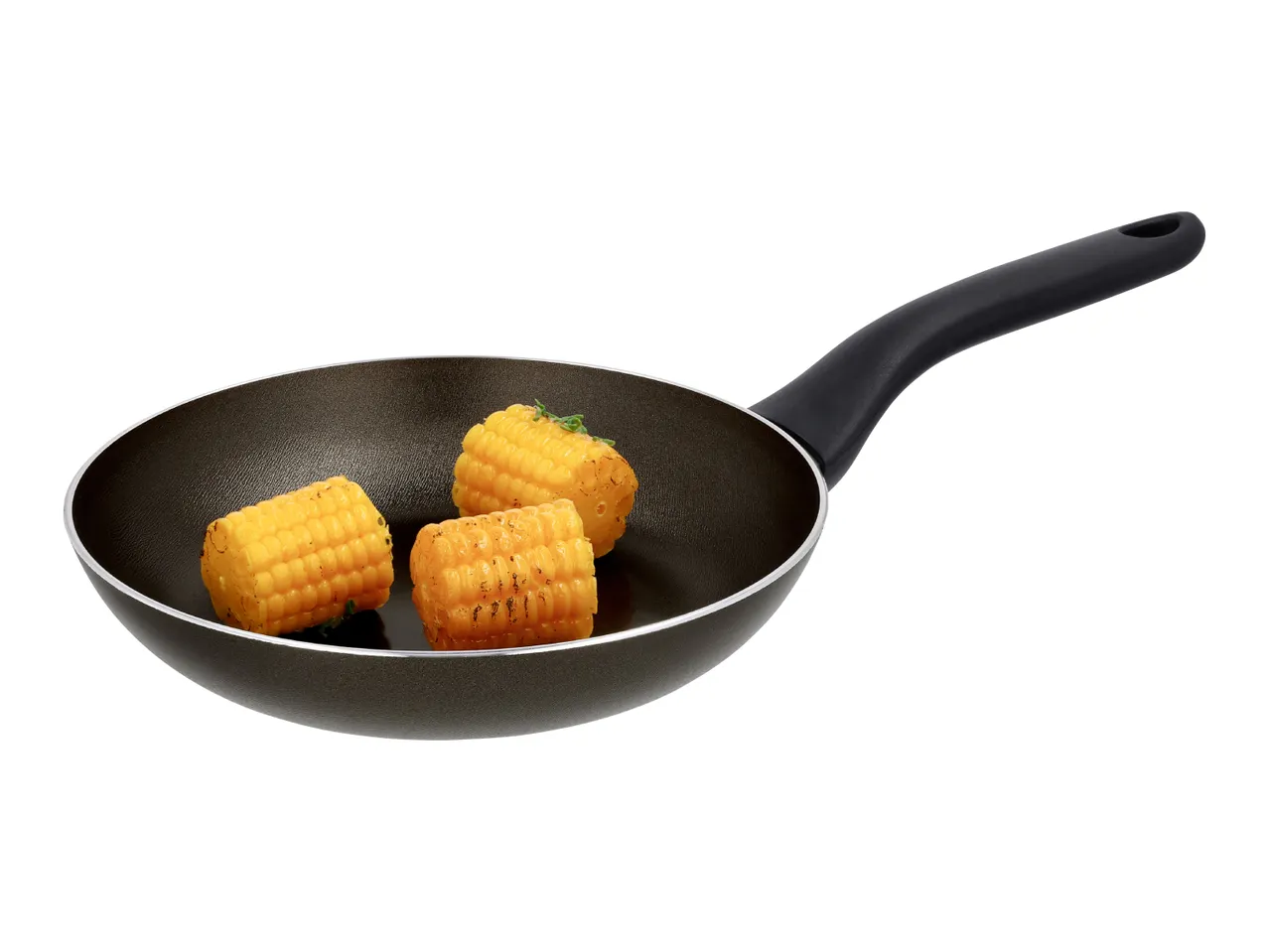 Three pieces of grilled corn on the cob in a black frying pan.