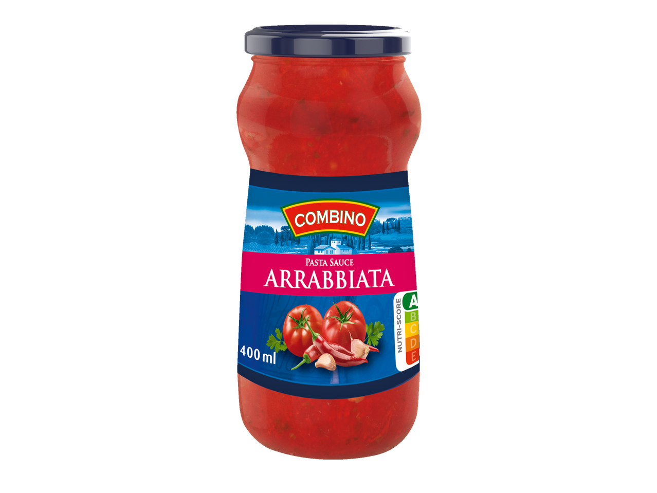 Sos de paste Kombino Arrabbiata într-un borcan de 400 ml cu eticheta Nutri-Score A.