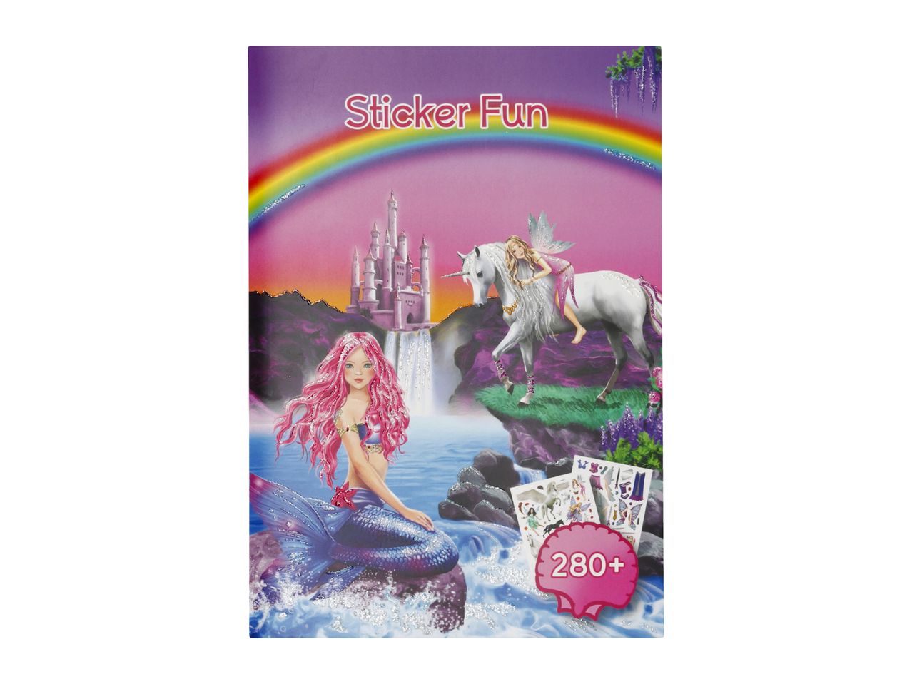 Sticker Fun book with mermaid, fairy on unicorn, castle, and 280+ stickers.