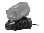 A gray battery pack is charging on a black charger with a green indicator light.