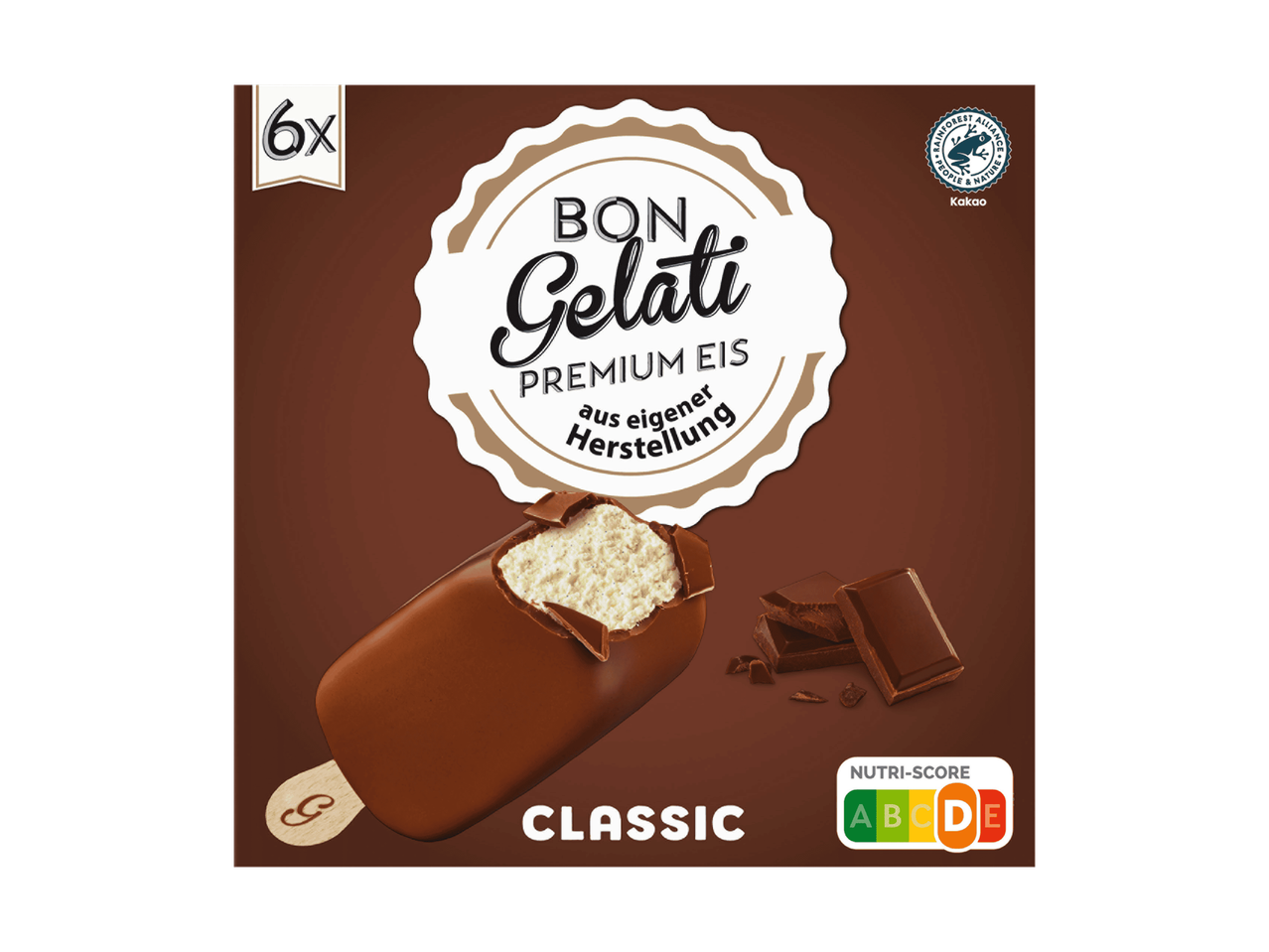 Sechs Schokoladen-Eis am Stiel mit Vanilleeis-Füllung, Schokoladenstücken und Nutri-Score D.