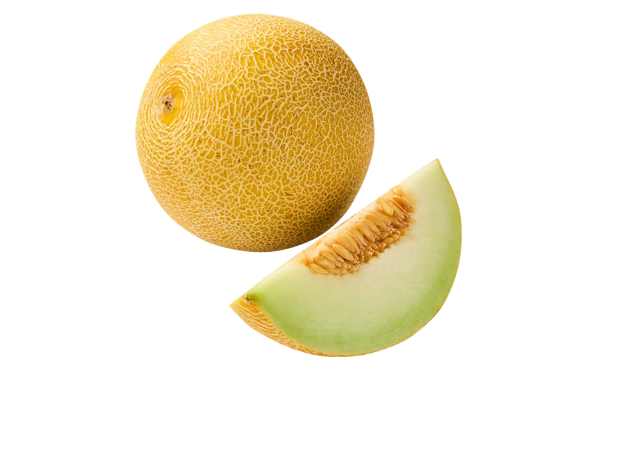 Een hele en een plak cantaloupemeloen op een witte achtergrond met een liniaal.