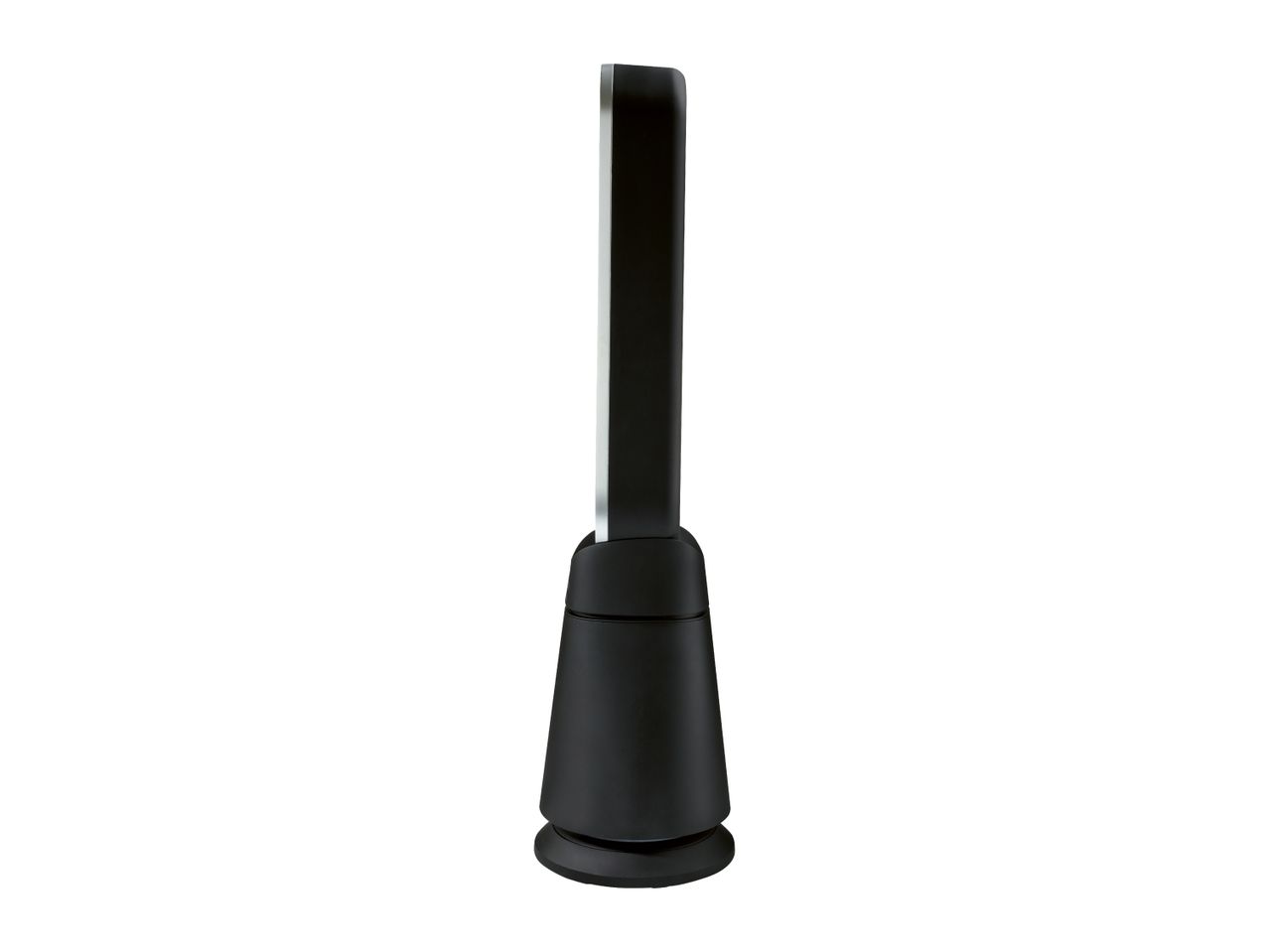 Black tower fan with a sleek, modern design on a white background.