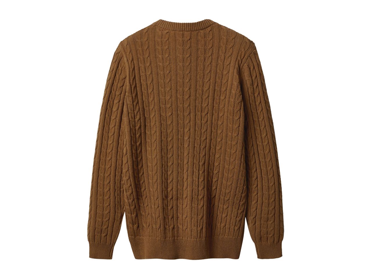 Back view of a brown cable knit sweater