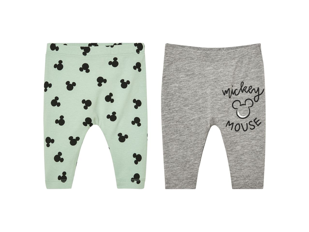 Due paia di leggings per neonati, uno verde menta con stampa di Topolino e uno grigio con scritta 'Mickey Mouse'.