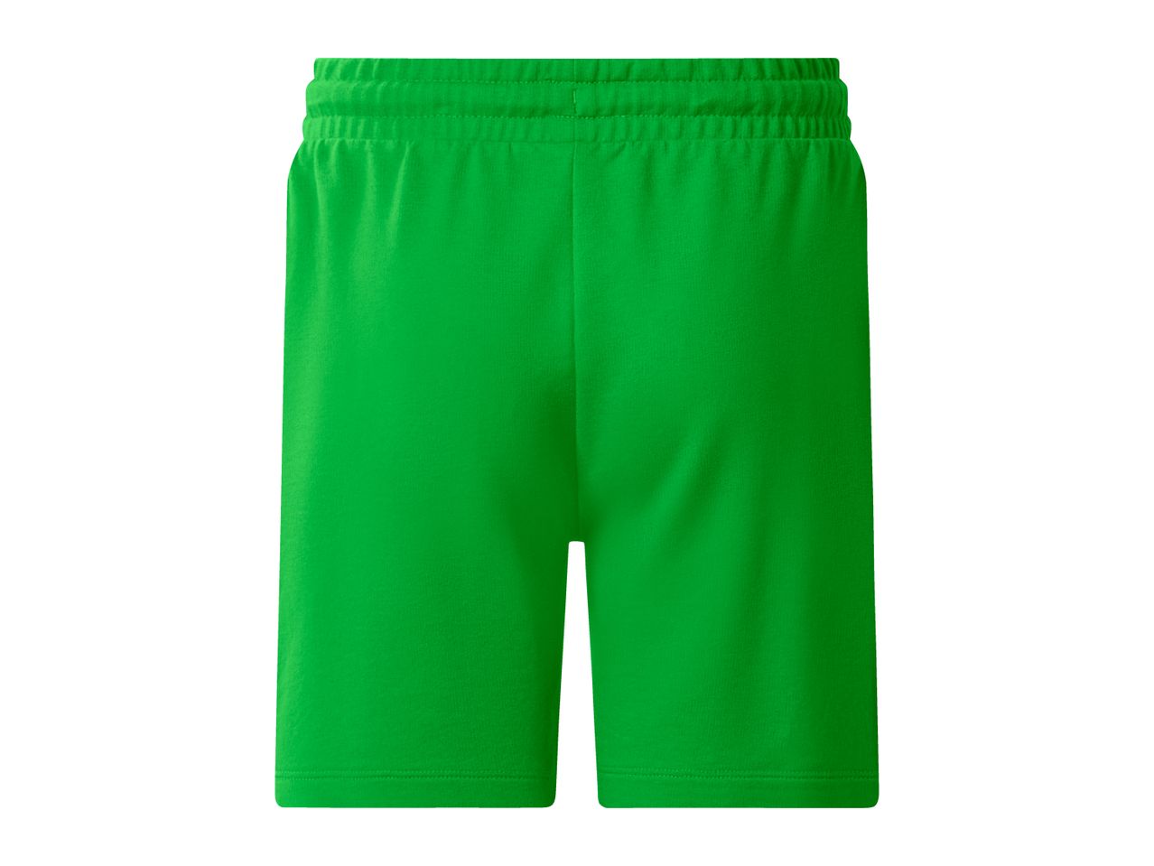 Green athletic shorts with an elastic waistband, back view.