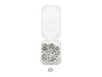 A clear plastic box filled with metal washers, with one washer lying separately.