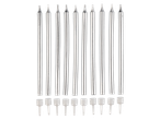 Ten silver candles with holders.